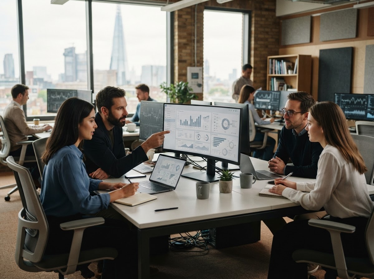 Colleagues discussing data visualizations on a computer monitor in an office