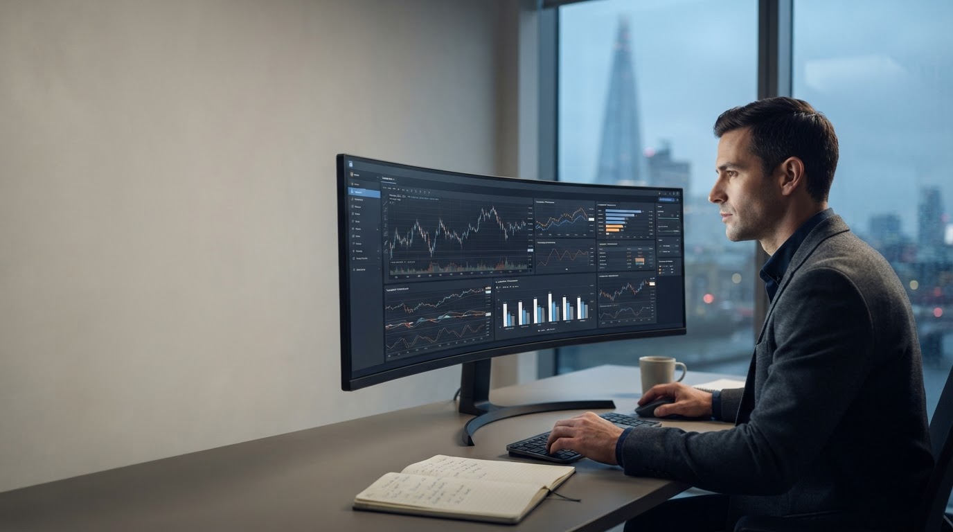 A man in a suit analyzing financial data on a large curved monitor